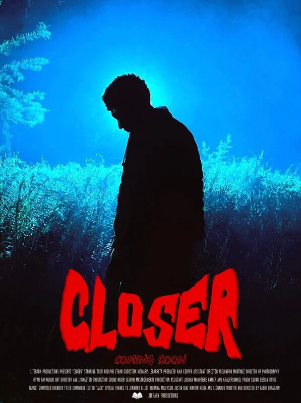 Silhouette of a person standing in a dark forest at night with a blue moon behind them. Text at the bottom in red reads "CLOSER Coming Soon."
