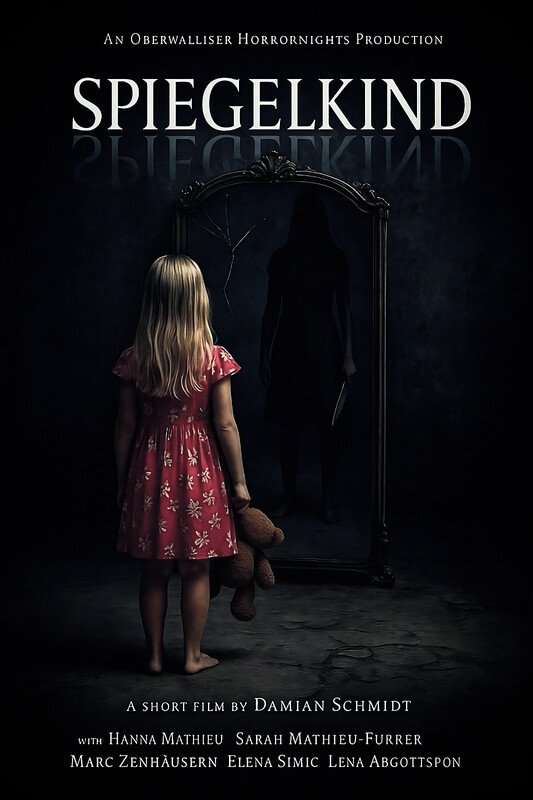 The poster for the film 'Spiegelkind' shows a young girl with long blonde hair wearing a pink dress with floral patterns, holding a teddy bear, standing barefoot in front of a large, ornate mirror. The mirror reflects a dark, shadowy figure with a hooded appearance, holding a paper or object in one hand. The background is dark, creating a mysterious and eerie atmosphere.