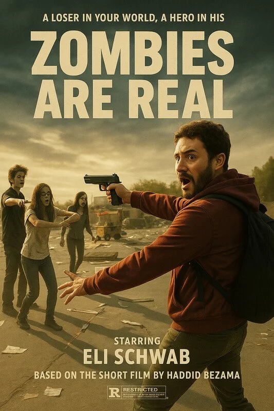Movie poster for 'Zombies Are Real' featuring a man with a beard and brown hoodie pointing a gun at a group of people, with a chaotic background and a tagline about zombies.