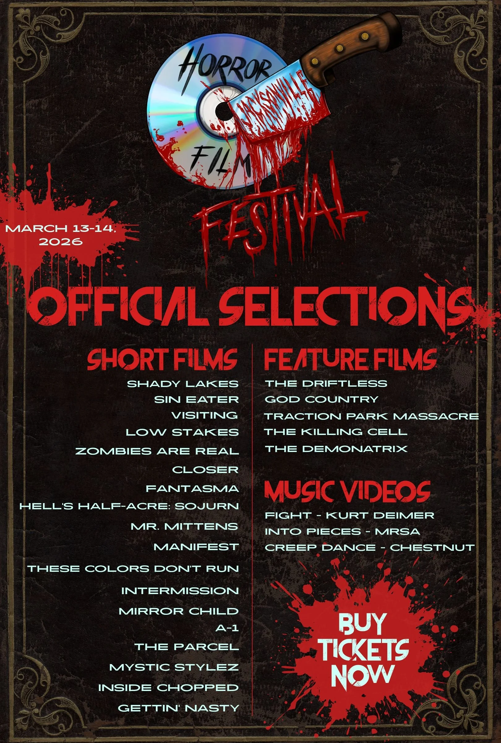 Promotion poster for horror film festival featuring official selections, short films, feature films, and music videos, scheduled for March 13-14, 2026, with a knife stabbed through a CD that has blood on it and a red blood splatter with the words 'Buy Tickets Now'.