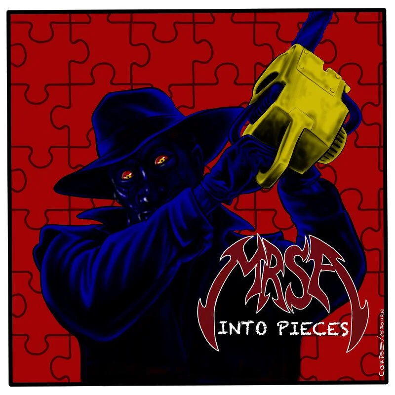 A dark sinister figure wearing a black hat and coat, with a face resembling a masked skull, holding a chainsaw with both hands. The background features a red jigsaw puzzle pattern. The text reads 'Mr. SA Into Pieces'.