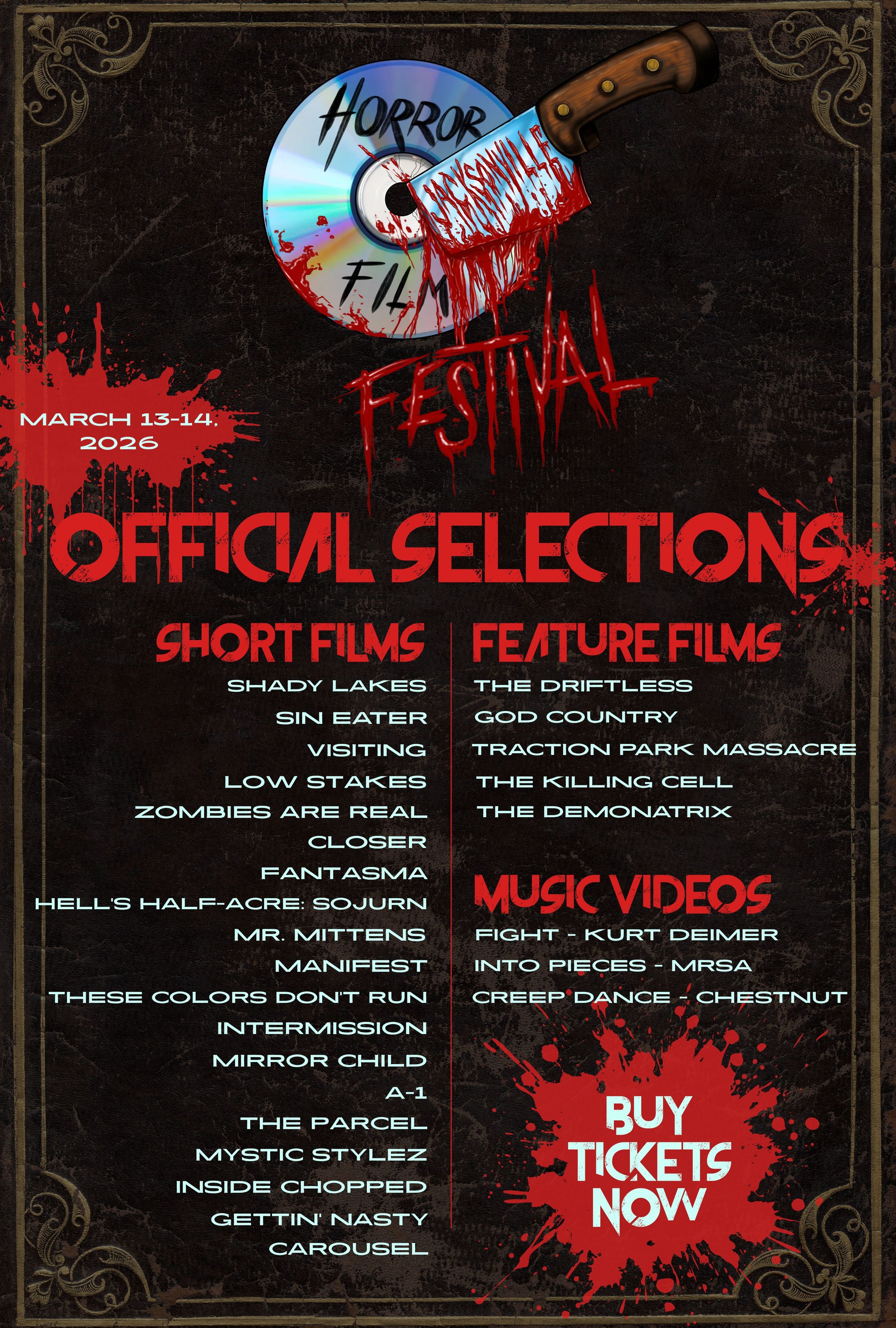 Event poster for Horror Film Festival, scheduled for March 13-14, 2026. Features official selections including short films, feature films, and music videos, with a red splatter graphic and a bloodied knife piercing a compact disc labeled 'Horror Film Fest'. The poster urges viewers to buy tickets now.