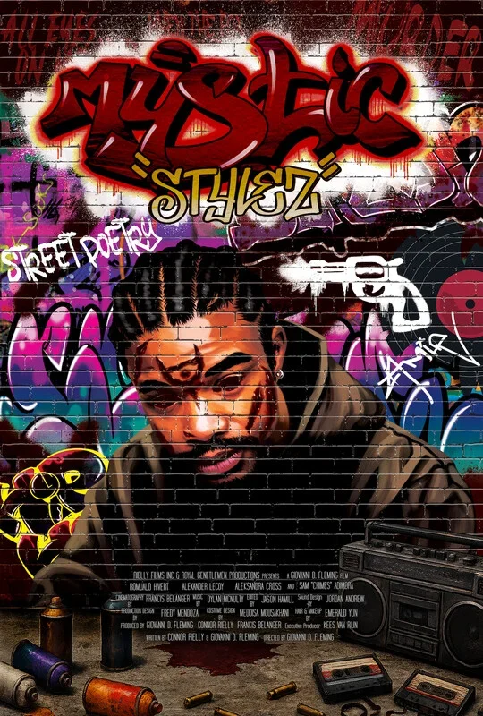 Graffiti mural featuring the words 'Music' and 'Style' with a portrait of a young man in front, surrounded by colorful urban street art elements, spray paint cans, and a boombox.