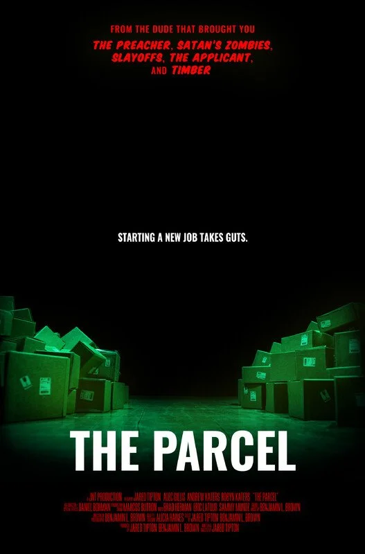 Dark poster with green boxes stacked on both sides. Red text at the top, white text in the middle, and red credits at the bottom. The title "THE PARCEL" is prominently displayed.