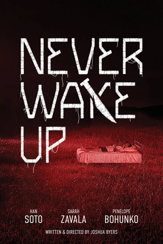 Book cover titled 'Never Woke Up' set in a field with a bed and a person lying on it at night