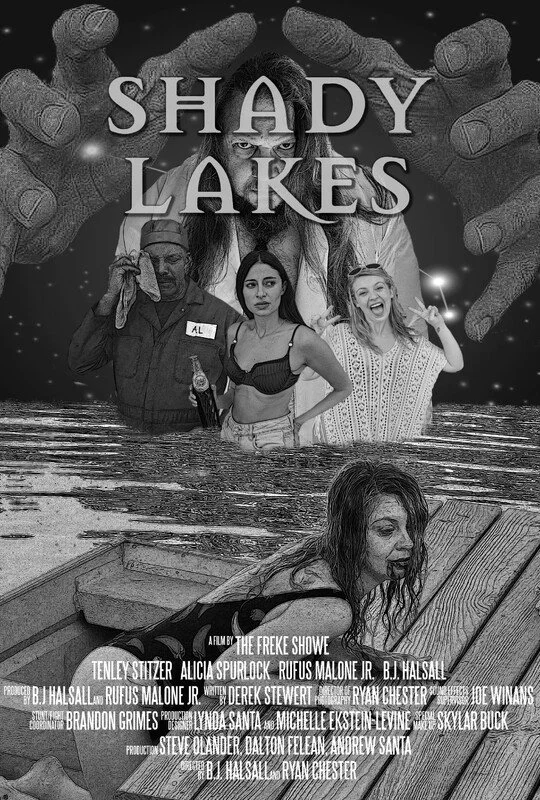 Black and white movie poster for 'Shady Lakes' featuring a large ominous hand reaching over three women on the water, with one woman slumped on the dock in the foreground.