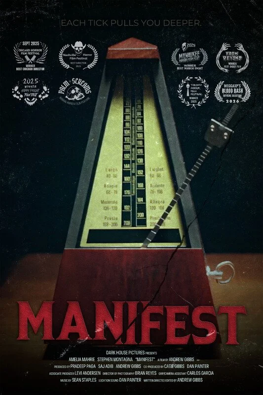 A vintage analog thermometer with a red base and a black and yellow face showing temperature measurements, resembling a lava lamp. Surrounding the thermometer are various film festival awards and laurels. The phrase "EACH TICK PULLS YOU DEEPER" is at the top. The title "MANIFEST" is in large red letters at the bottom.