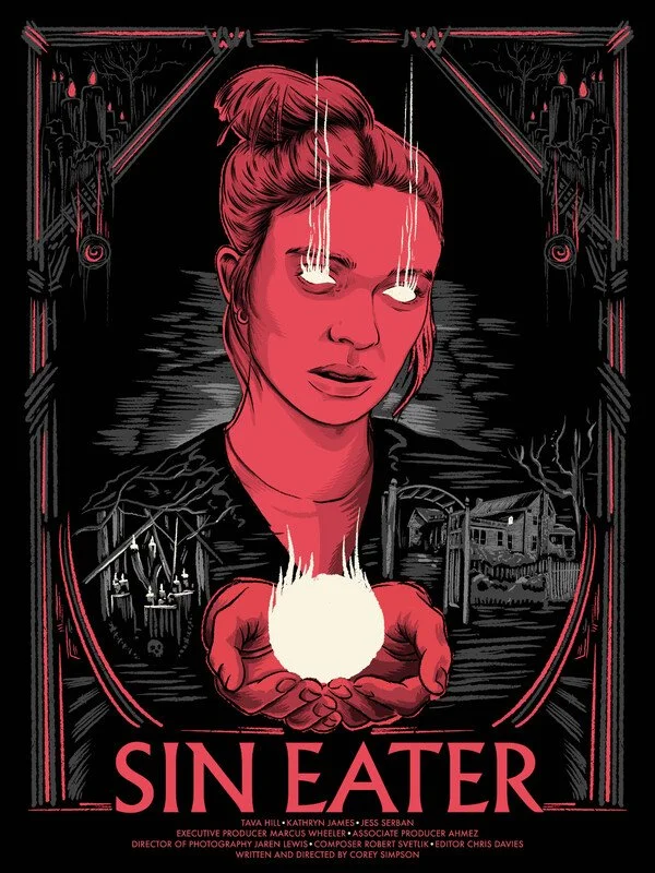 Digital illustration of a woman with eyes glowing and being held in the palms of hands that emit a bright light, with ominous scenes of a haunted house, graveyard, and candles in the background; text reads "Sin Eater."