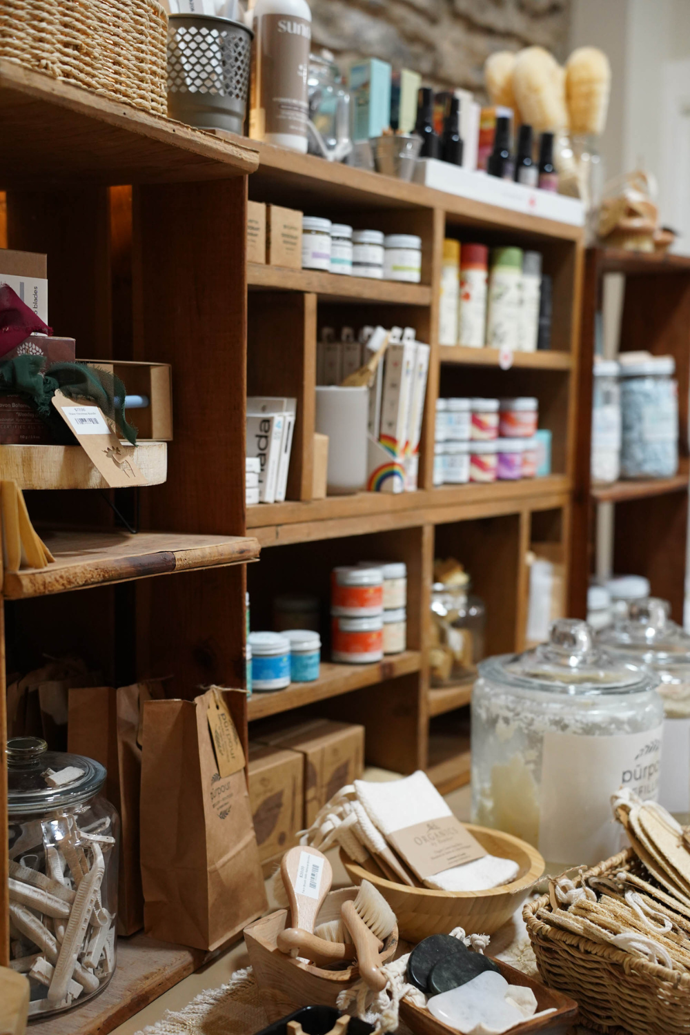 A cupboard filled with eco-friendly personal care items