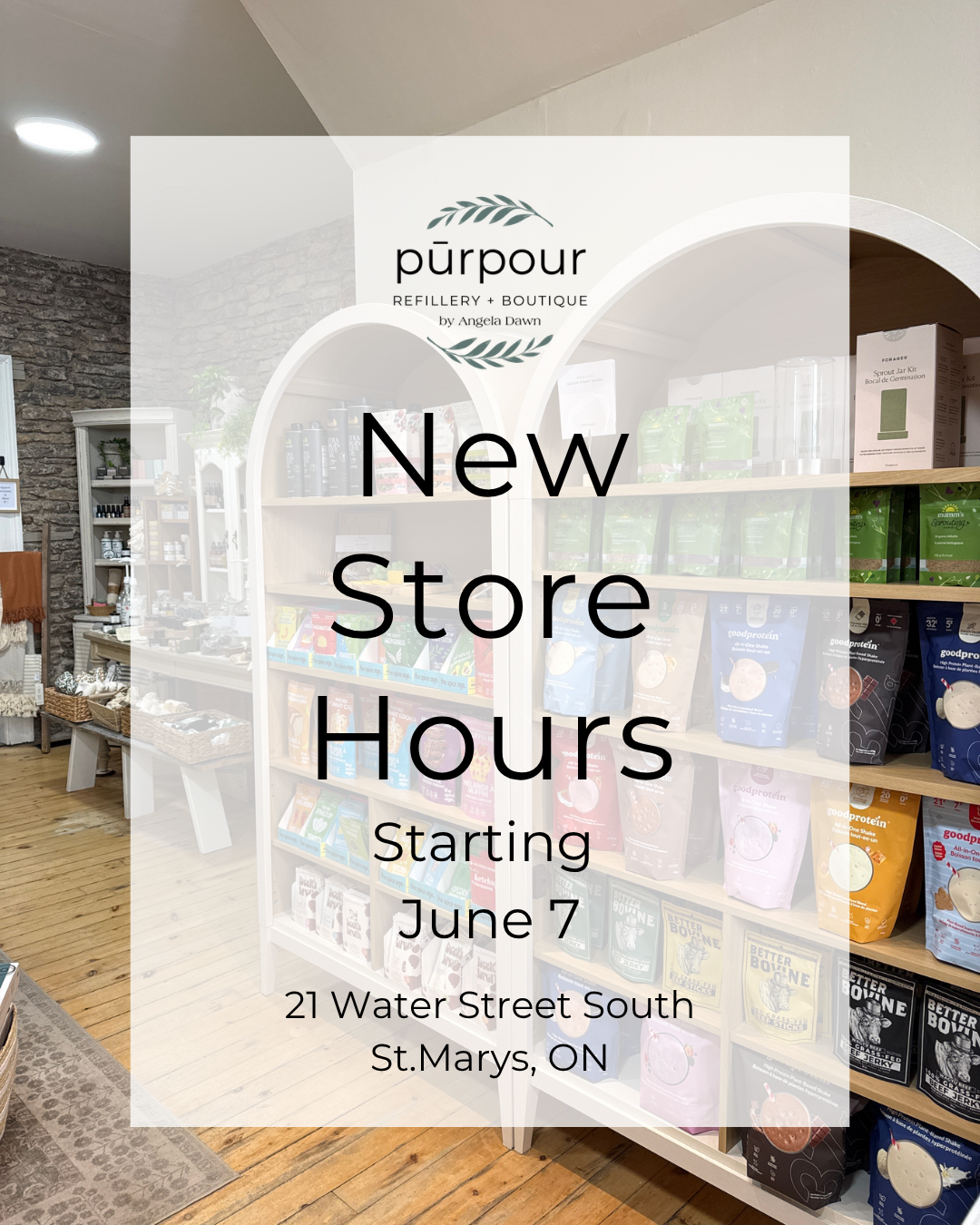 A picture of our store with a text overlay that says "new store hours starting June 7)