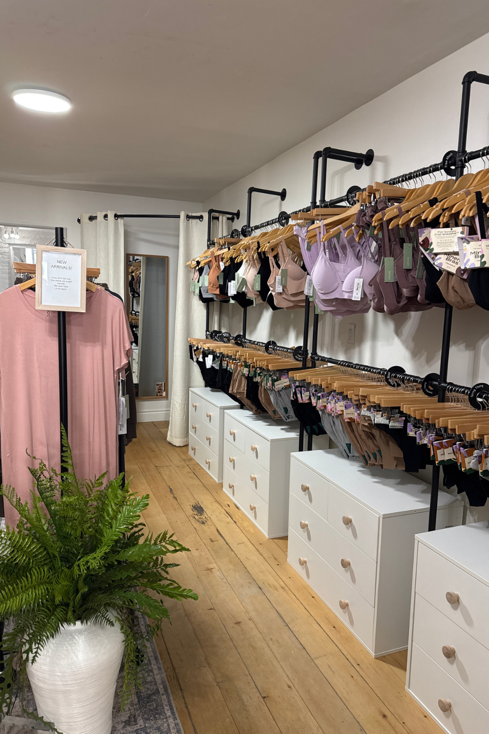Clothing racks with organic bamboo underwear and bras