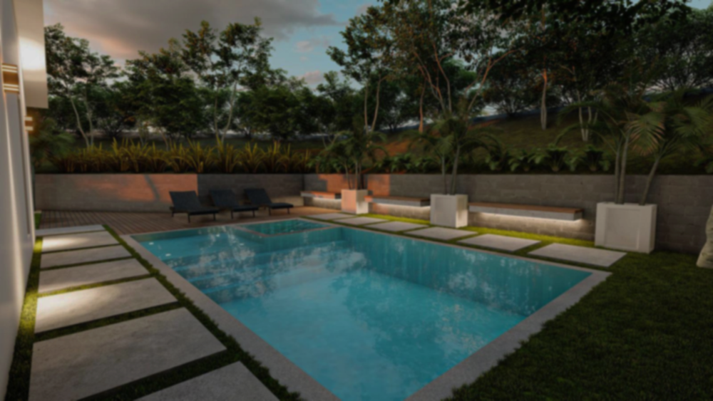 Rendering of a backyard with a pool and covered seating area