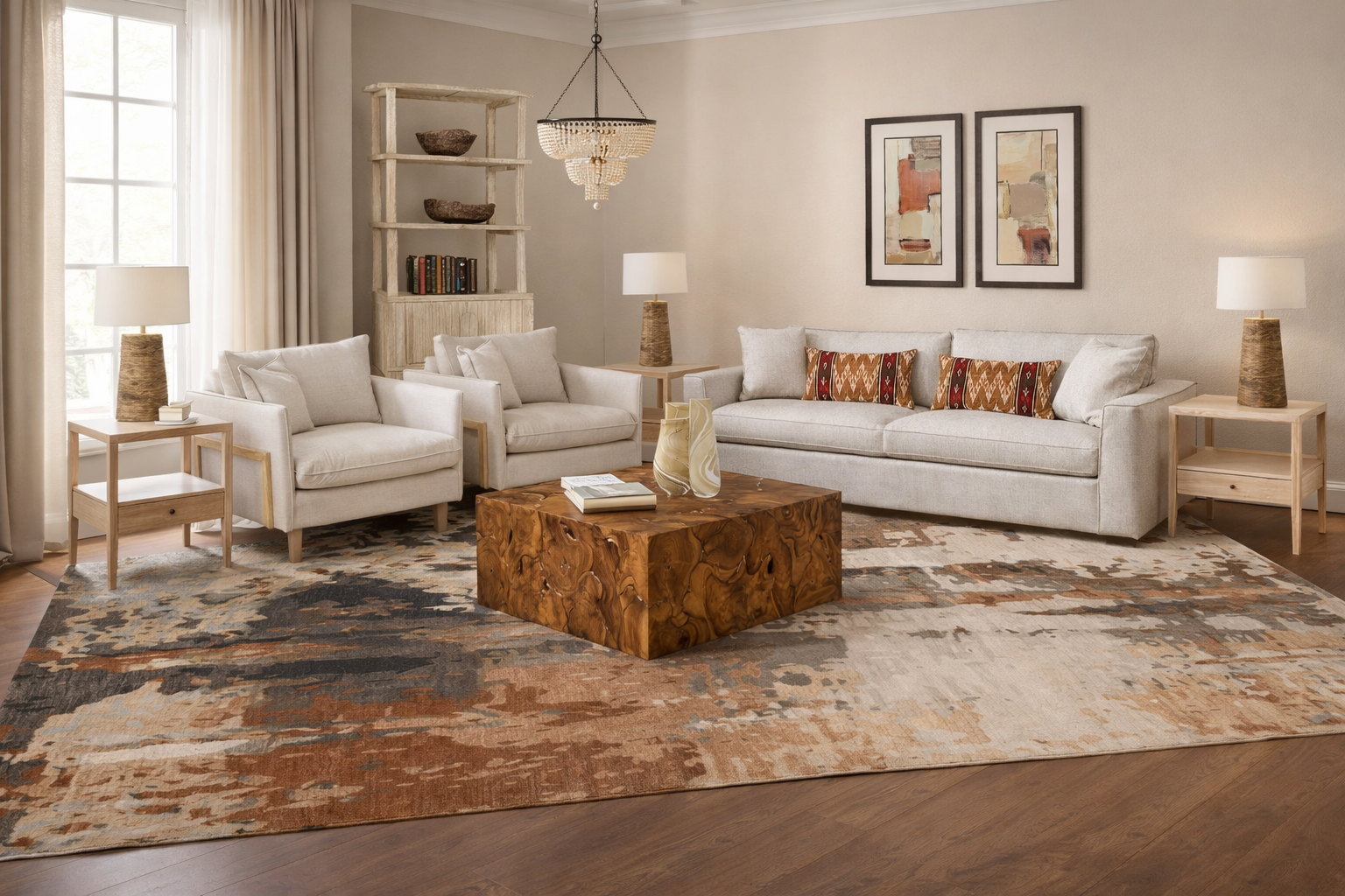 Earthy Minimalist living room with natural materials, warm neutrals and organic textures