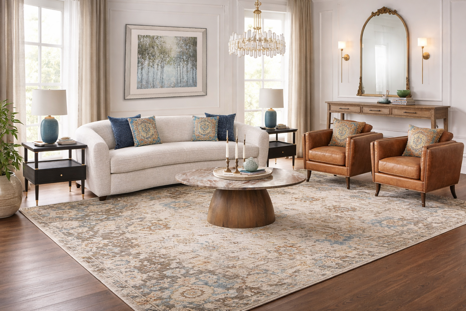 Soft Globalist living room with warm layered tones, woven textiles and globally inspired pieces