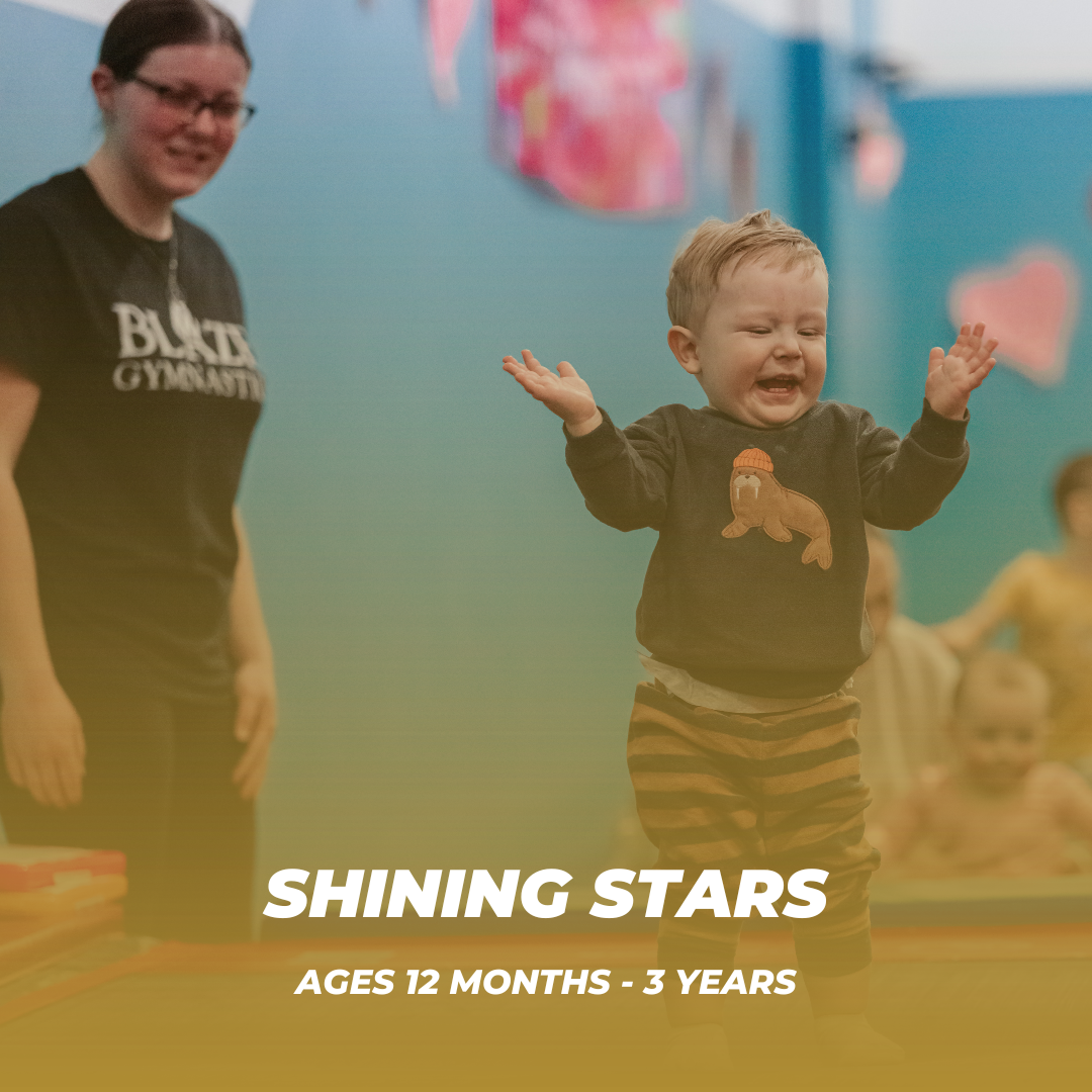 Shining Stars class is a caregiver participation class for children 12 months-3 years of age. A structured class, the toddlers develop and refine their fine and gross motor skills, build body awareness and coordination while learning social and liste