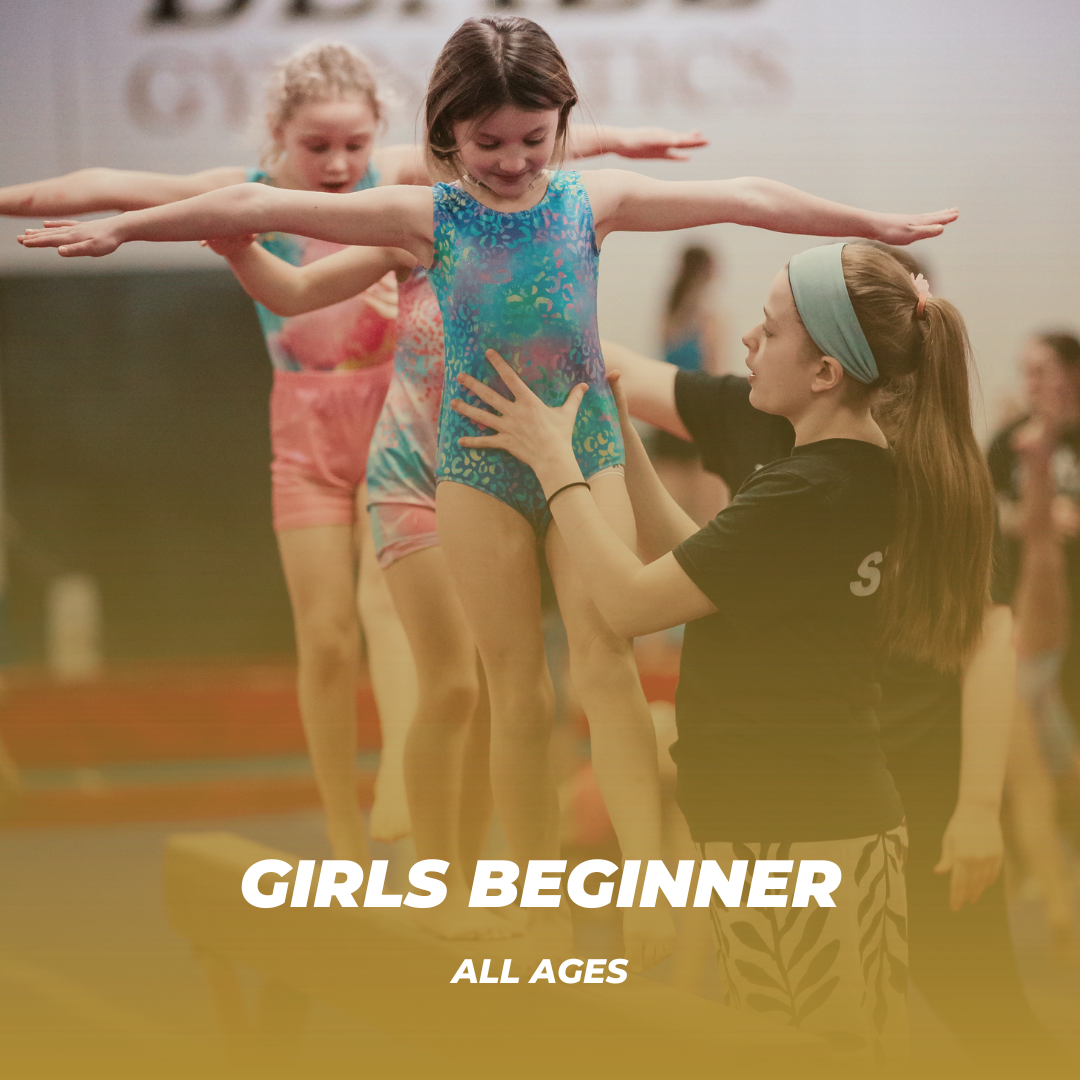 Girls Beginner classes are taught as a 60 minute class. The Girls Beginner curriculum consists of beginner skills including forward rolls, straight, tuck, and straddle jumps, and pullover on bars. This curriculum also gives the gymnasts a basic under