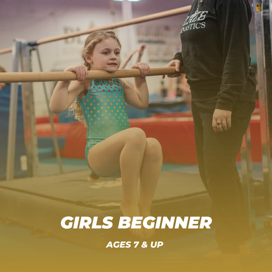 Girls Beginner classes are taught as a 60 minute class. The Girls Beginner curriculum consists of beginner skills including forward rolls, straight, tuck, and straddle jumps, and pullover on bars. This curriculum also gives the gymnasts a basic under