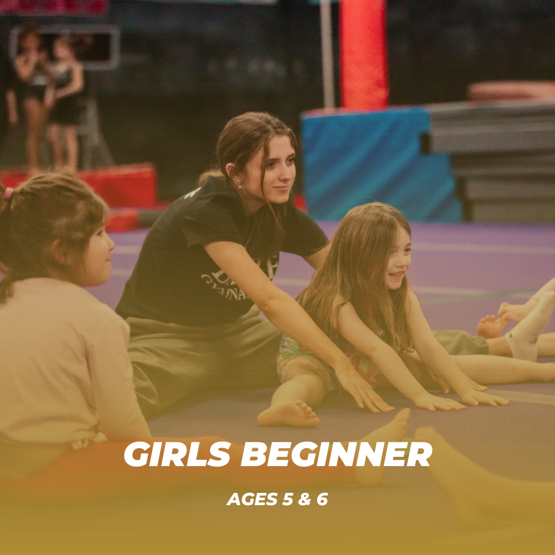 Girls Beginner classes are taught as a 60 minute class. The Girls Beginner curriculum consists of beginner skills including forward rolls, straight, tuck, and straddle jumps, and pullover on bars. This curriculum also gives the gymnasts a basic under