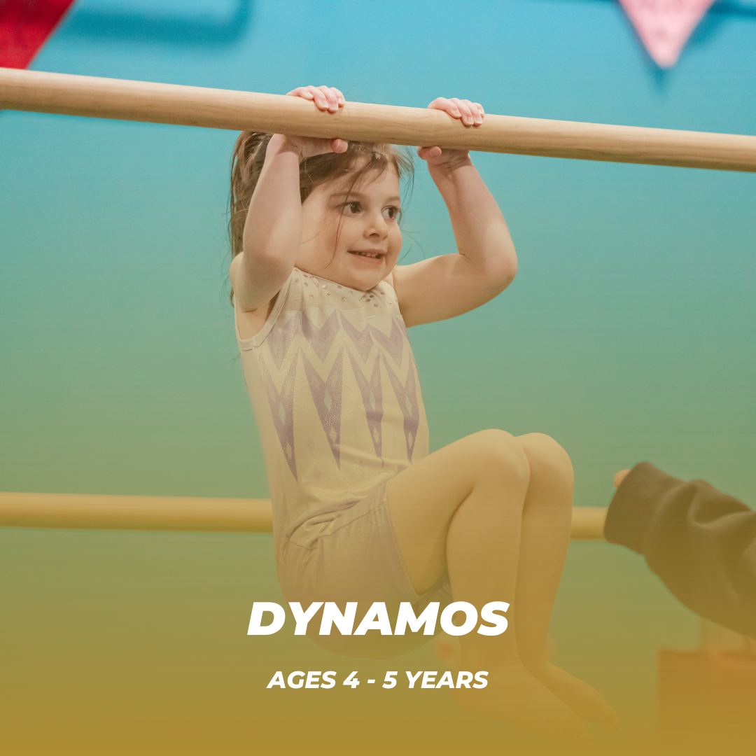 Dynamos, our advanced preschool gymnastics class for ages 4 and 5, builds upon foundational skills with a greater emphasis on strength, coordination, body awareness, and beginner gymnastics technique. This high-energy class encourages independence an