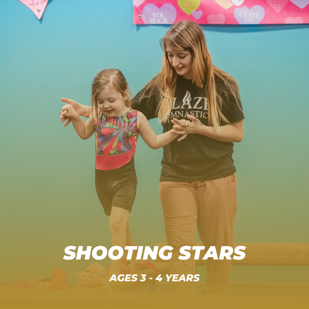 Shooting Stars, our preschool-aged gymnastics program for ages 3 and 4, focuses on the development of fine and gross motor skills, playground readiness, social skills, and gymnastics skills, as well as helping to develop proprioceptive and vestibular