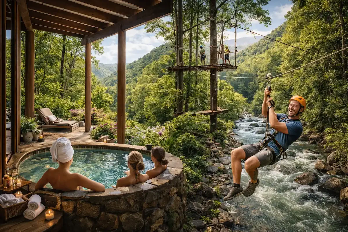 Rainforest wellness experience featuring outdoor spa, nature views and adventure activities in Tamborine Mountain, Queensland