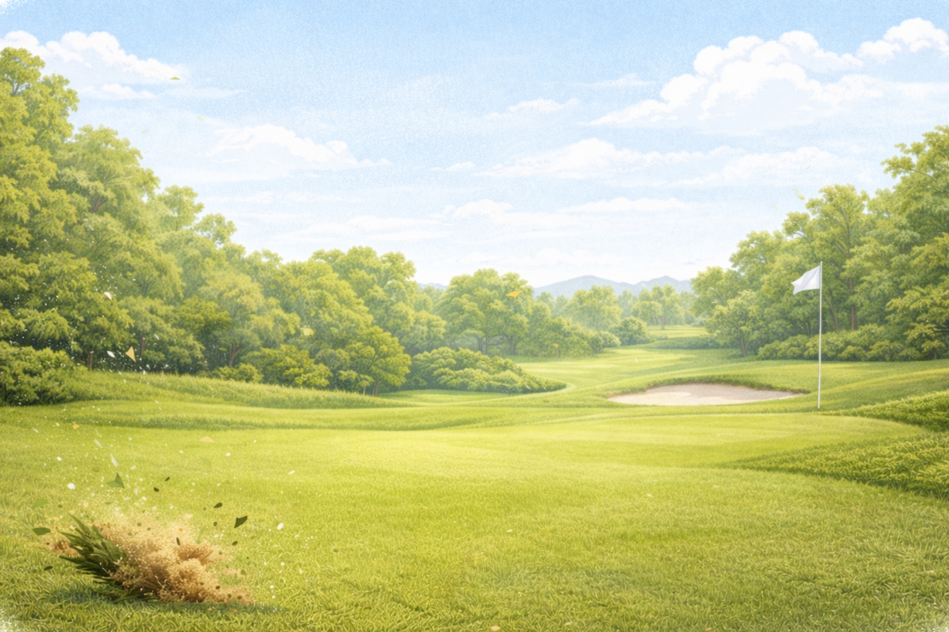 Illustrated golf course landscape with green fairway, sand bunker, and flag on a sunny day