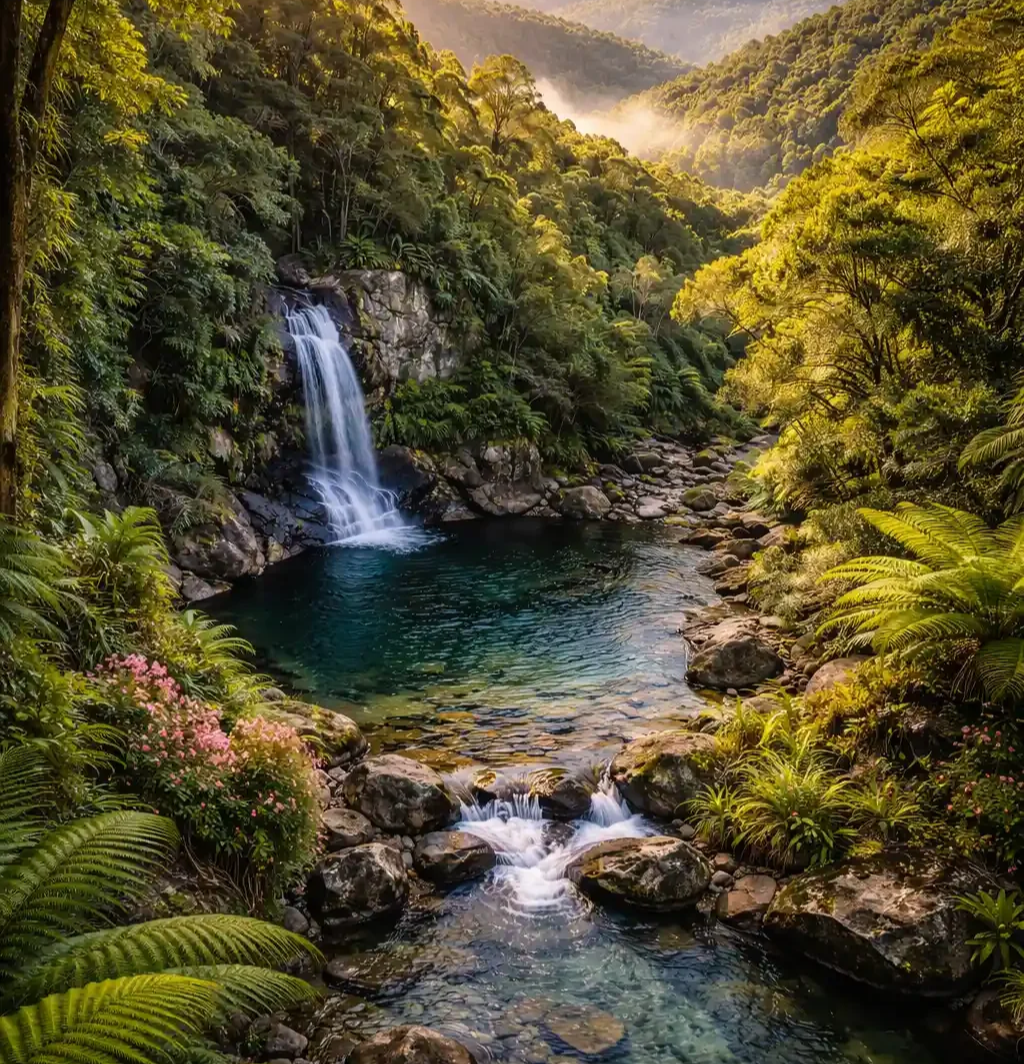 Rainforest waterfall and crystal-clear swimming hole surrounded by lush greenery in Queensland.