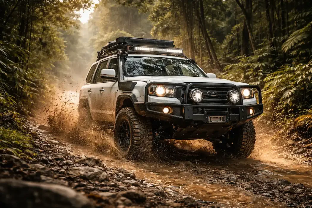 Four-wheel-drive vehicle driving through a muddy forest track, splashing water and dirt in a lush rainforest setting.