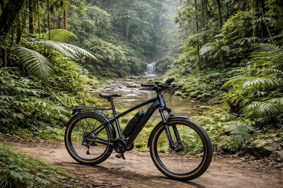 A modern electric bike is parked on a dirt trail beside a lush rainforest creek, surrounded by dense green foliage and tall trees, creating a sense of eco-friendly adventure and outdoor exploration.