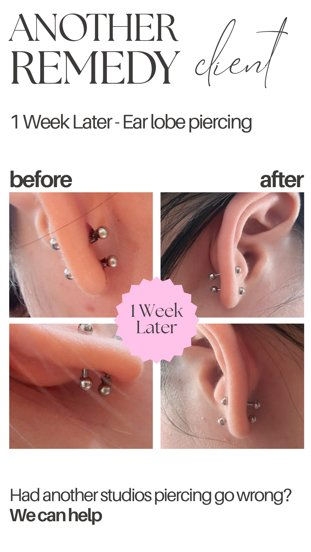 A promotional graphic showing a before-and-after comparison of ear piercings, with a focus on piercing the ear lobe. The before images show piercings that are crooked and infected, while the after images reveal clean, properly placed piercings. The t