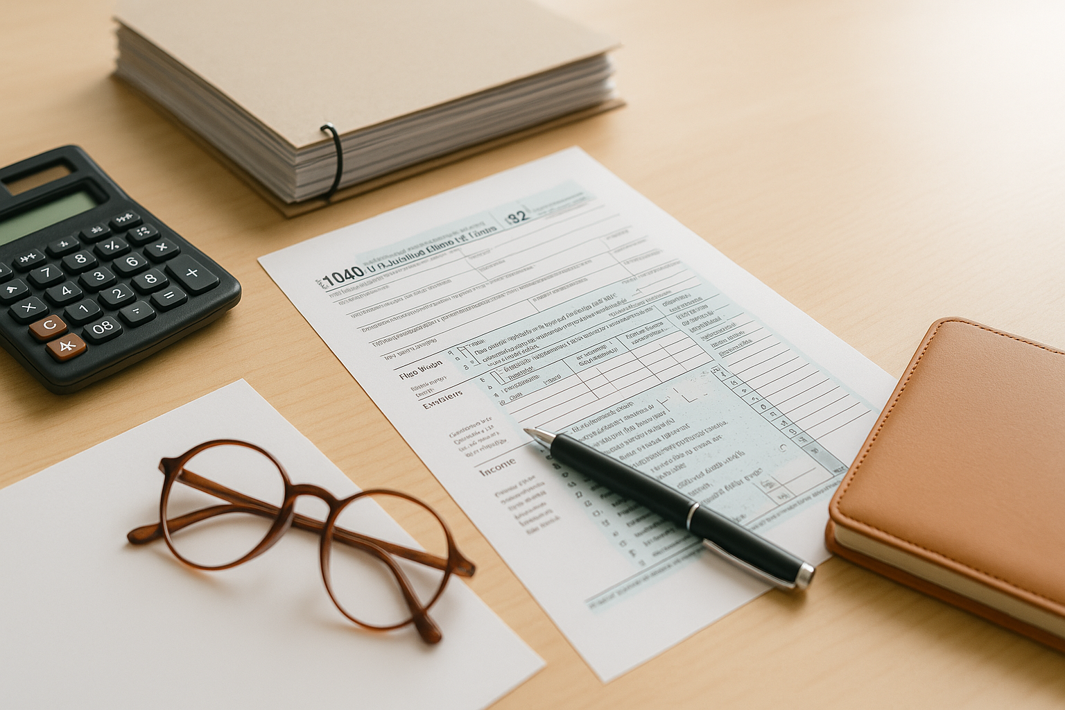 Financial documents, calculator, eyeglasses, pen, notebook, and clipboard on a wooden desk.