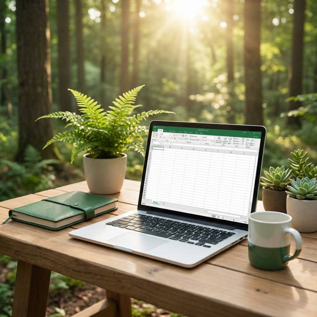A laptop on a wooden table in a forest with sunlight filtering through trees, surrounded by potted plants, a green notebook, and a coffee mug.