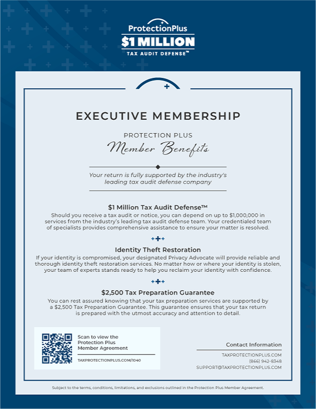 A promotional flyer for Protection Plus featuring an executive membership offering tax audit defense, identity theft restoration, and tax preparation guarantee services, with a QR code and contact information at the bottom.