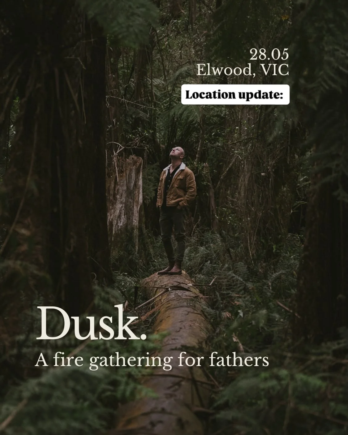 🚨Location update: the next Dusk on Thursday 28.05 will take place in Elwood at 6:30pm. 

Still amongst the trees. Still around the fire. Still around great men. 

We&rsquo;ll return to Balnarring for the June Dusk.