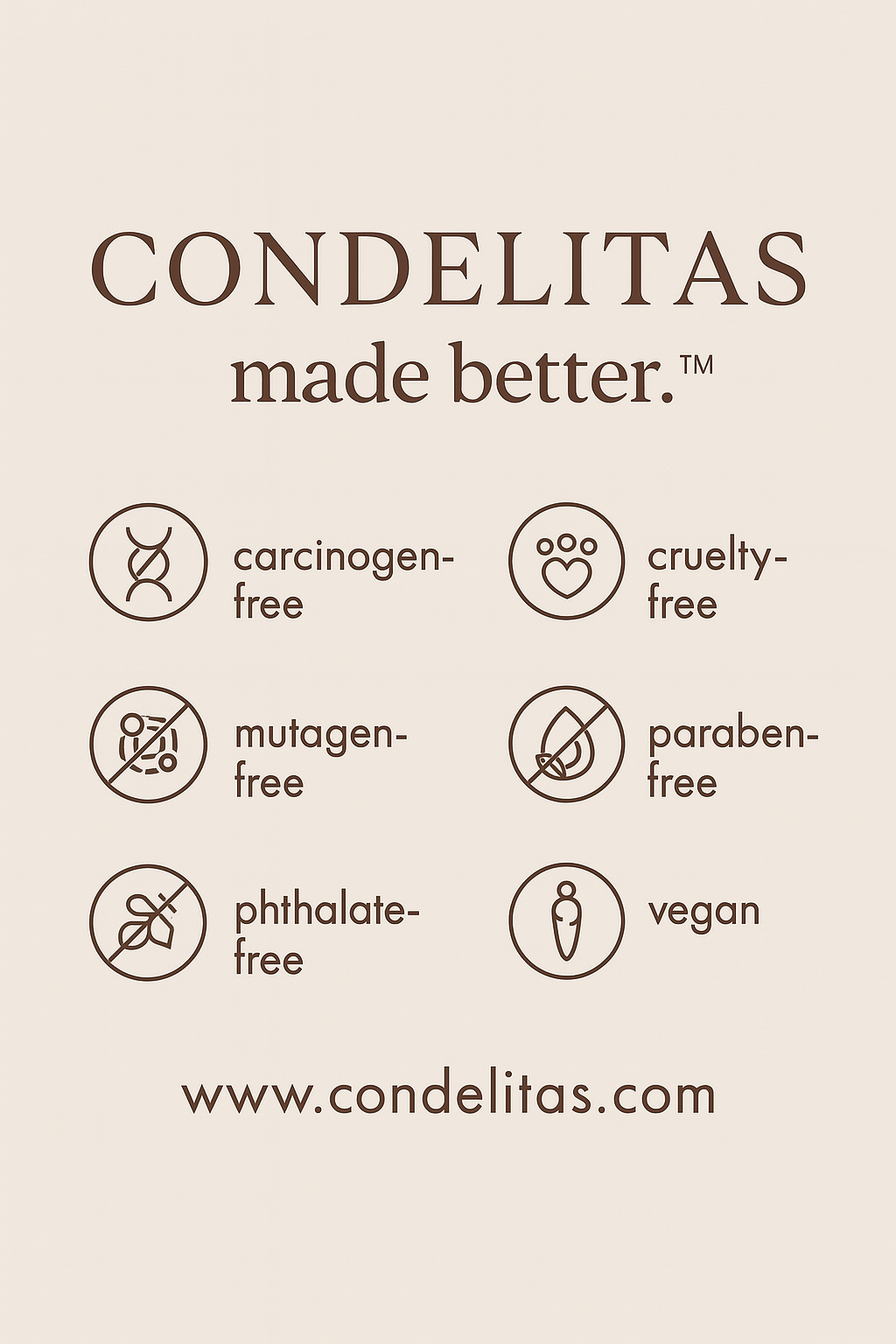 A beige background with brown text and icons promoting Condelitas products as carcinogen-free, cruelty-free, mutation-free, paraben-free, phthalate-free, and vegan, with the website www.condelitas.com at the bottom.