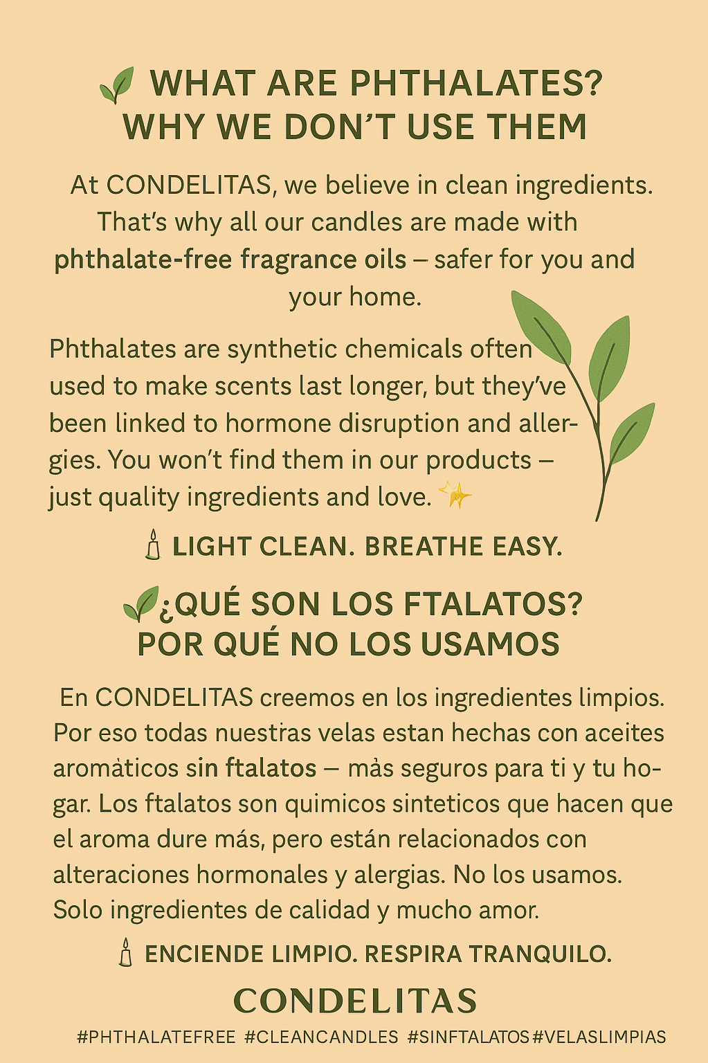 An informational poster explaining that CONDELITAS candles are made with phthalate-free fragrance oils because phthalates are synthetic chemicals linked to hormone disruption and allergies. The poster emphasizes that the candles are made with quality ingredients and love, and highlights their benefits of being light, clean, and easy to breathe. It also asks in Spanish why phthalates are not used, noting that they are synthetic chemicals that extend scent duration but may cause health issues. The poster ends with a reminder to light the candles for a clean burn and peaceful breath, with hashtags related to phthalate-free candles and clean candles.
