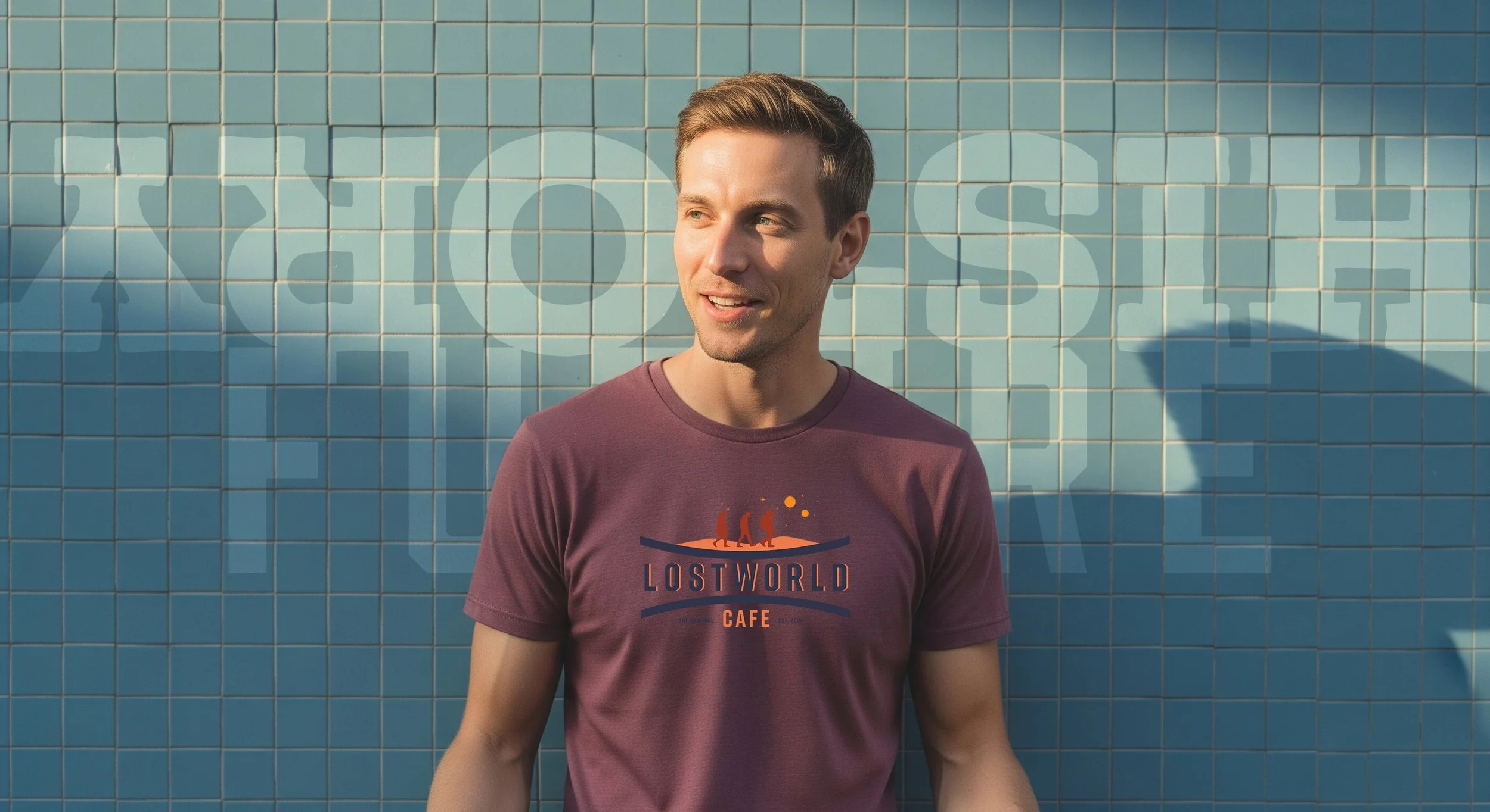 A young man with short brown hair wearing a maroon T-shirt stands outdoors against a blue tiled wall. The T-shirt has a logo with three figures walking and the text 'Lost World Cafe'. The wall features large, semi-transparent letters spelling 'LOST WORLD' behind him.