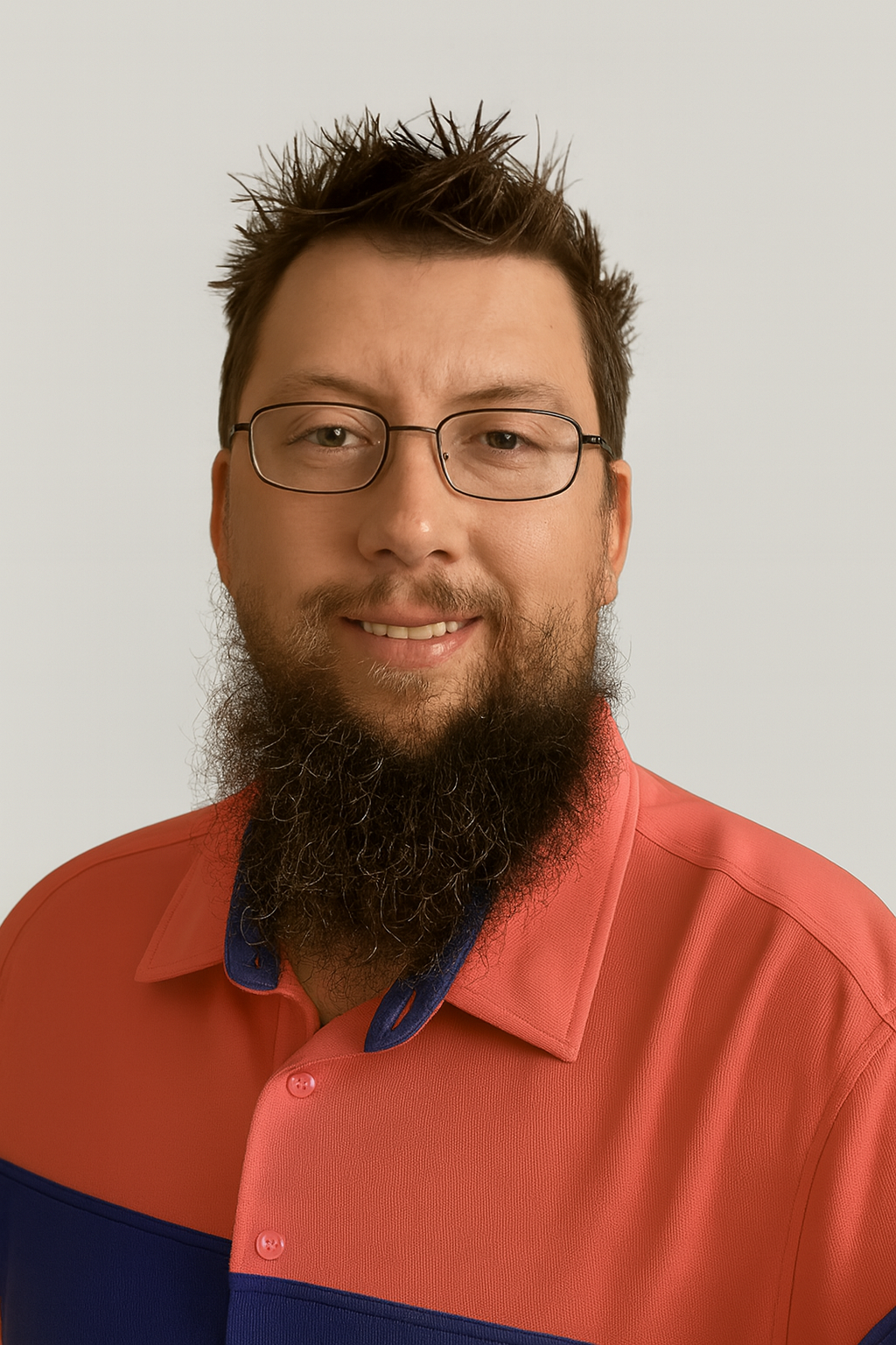 A man with glasses and a beard, smiling, wearing a colorful polo shirt with red, blue, and orange panels.