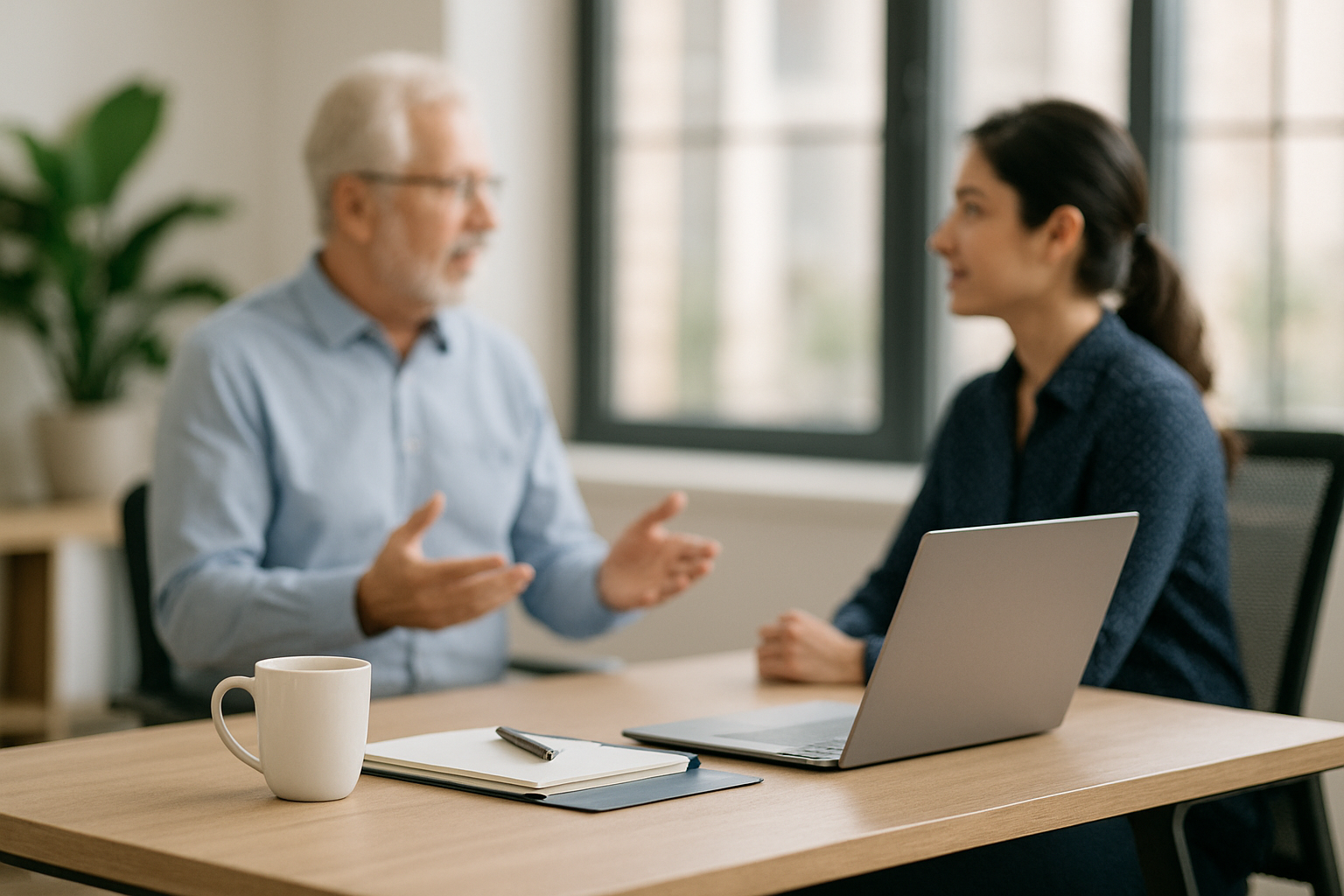 Professional coaching session between a mentor and a young woman in an office with a laptop and coffee mug.