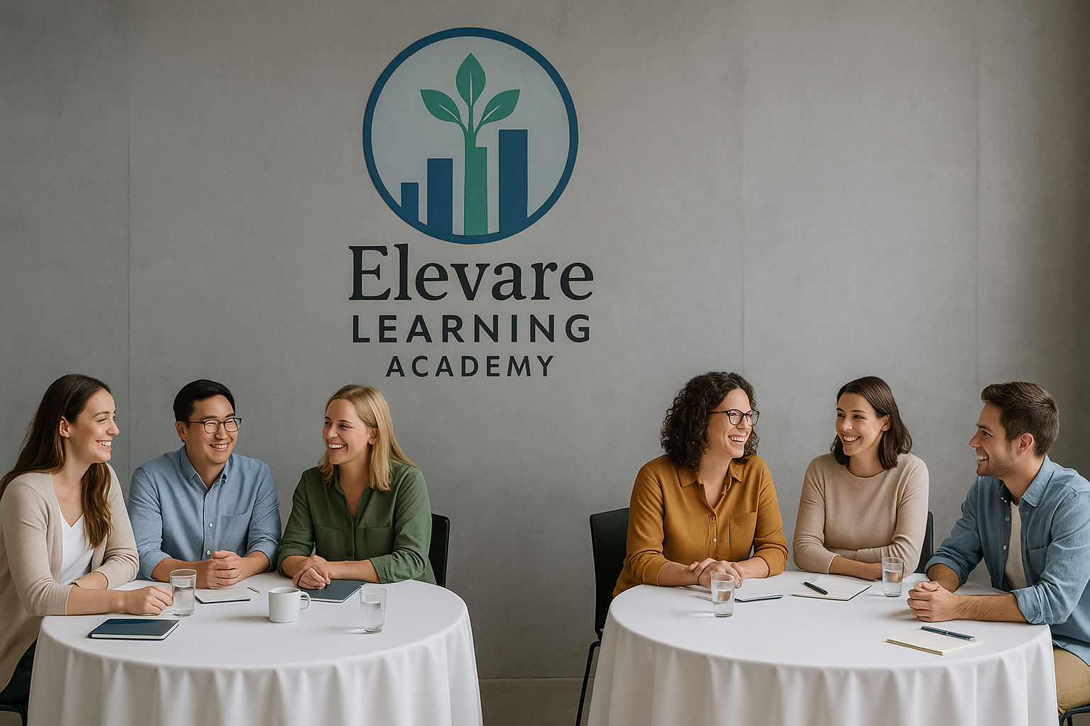 Six people sitting at two round tables, smiling and talking during a meeting or discussion at Elevare Learning Academy, with the academy's logo on the wall behind them.