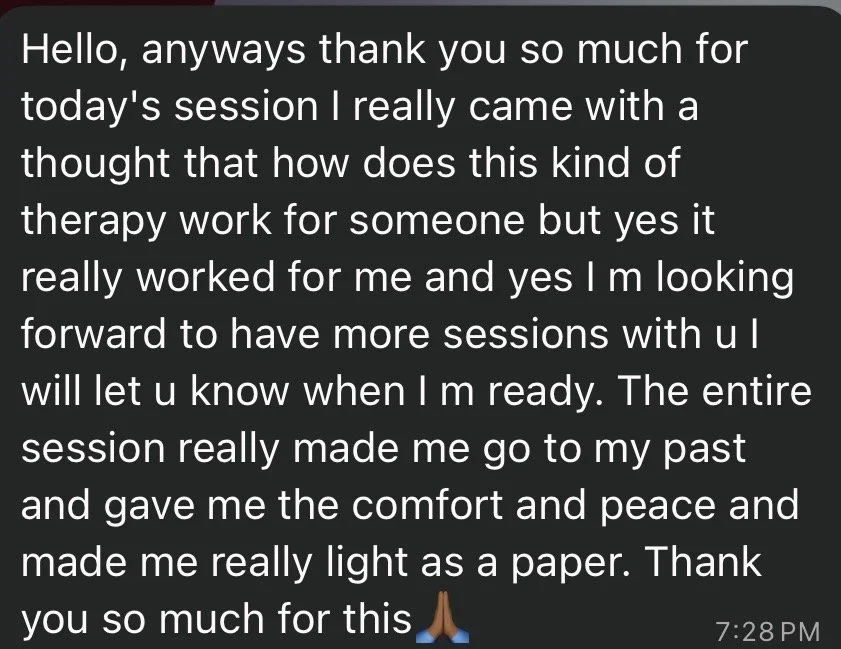 Screenshot of a text message thanking someone for a therapy session and sharing positive feelings from the experience.