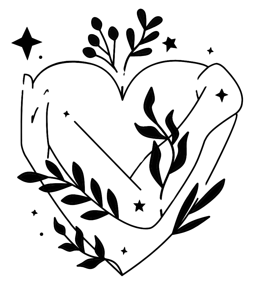A black and white line drawing of a heart with decorative leaves, stars, and moon symbols around it.
