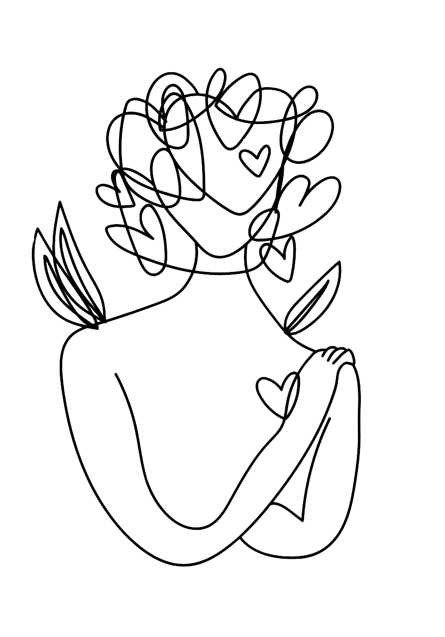 Line drawing of a woman with abstract hearts covering her face, holding her shoulder with one hand.
