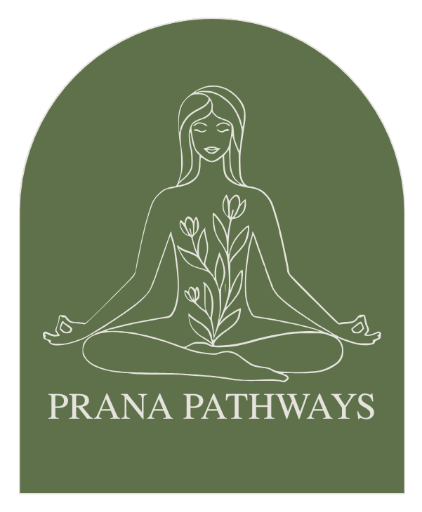 Illustration of a woman meditating with a plant growing from her chest, and the text "PRANA PATHWAYS" below, against an olive green background.