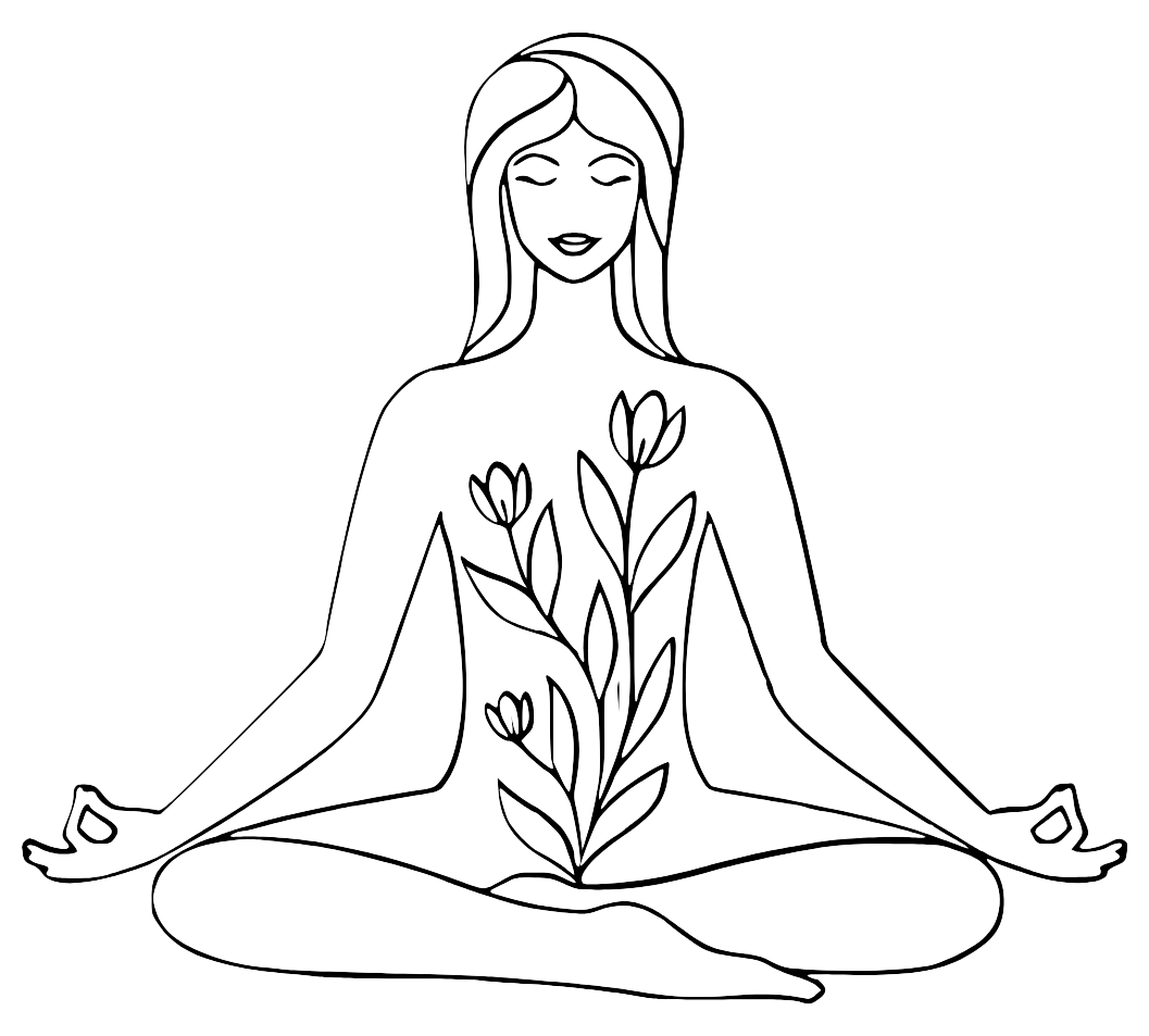 Line drawing of a woman sitting cross-legged in a meditation pose, with flowers on her torso symbolizing growth and tranquility.
