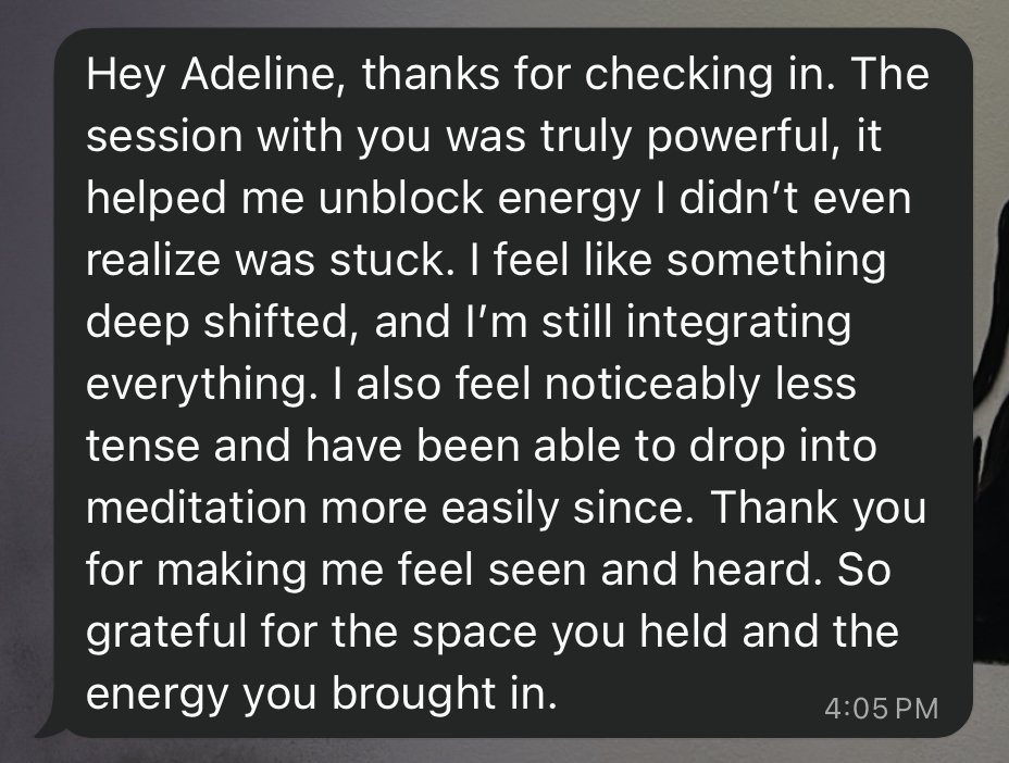 A screenshot of a message on a messaging app, expressing gratitude for a session that helped with energy, mental clarity, and meditation.