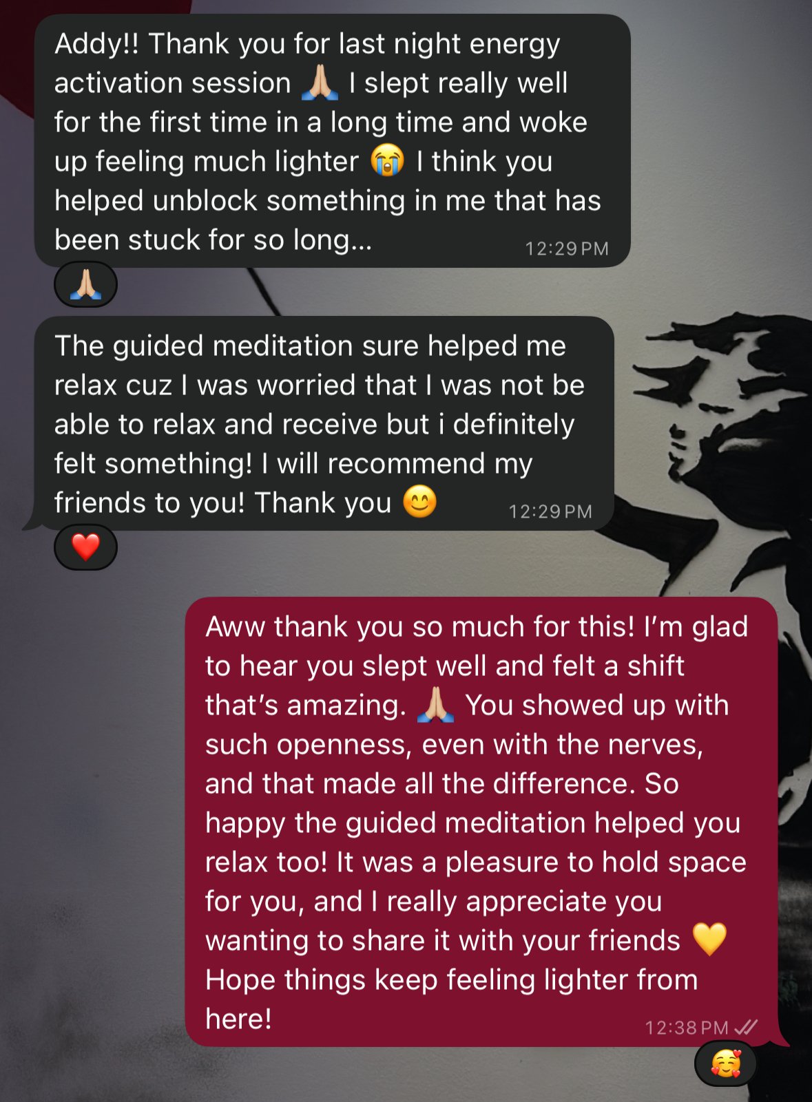 Screenshots of a text message conversation between two people, discussing the positive effects of an energy activation session and guided meditation, with smiling and praying hand emojis.