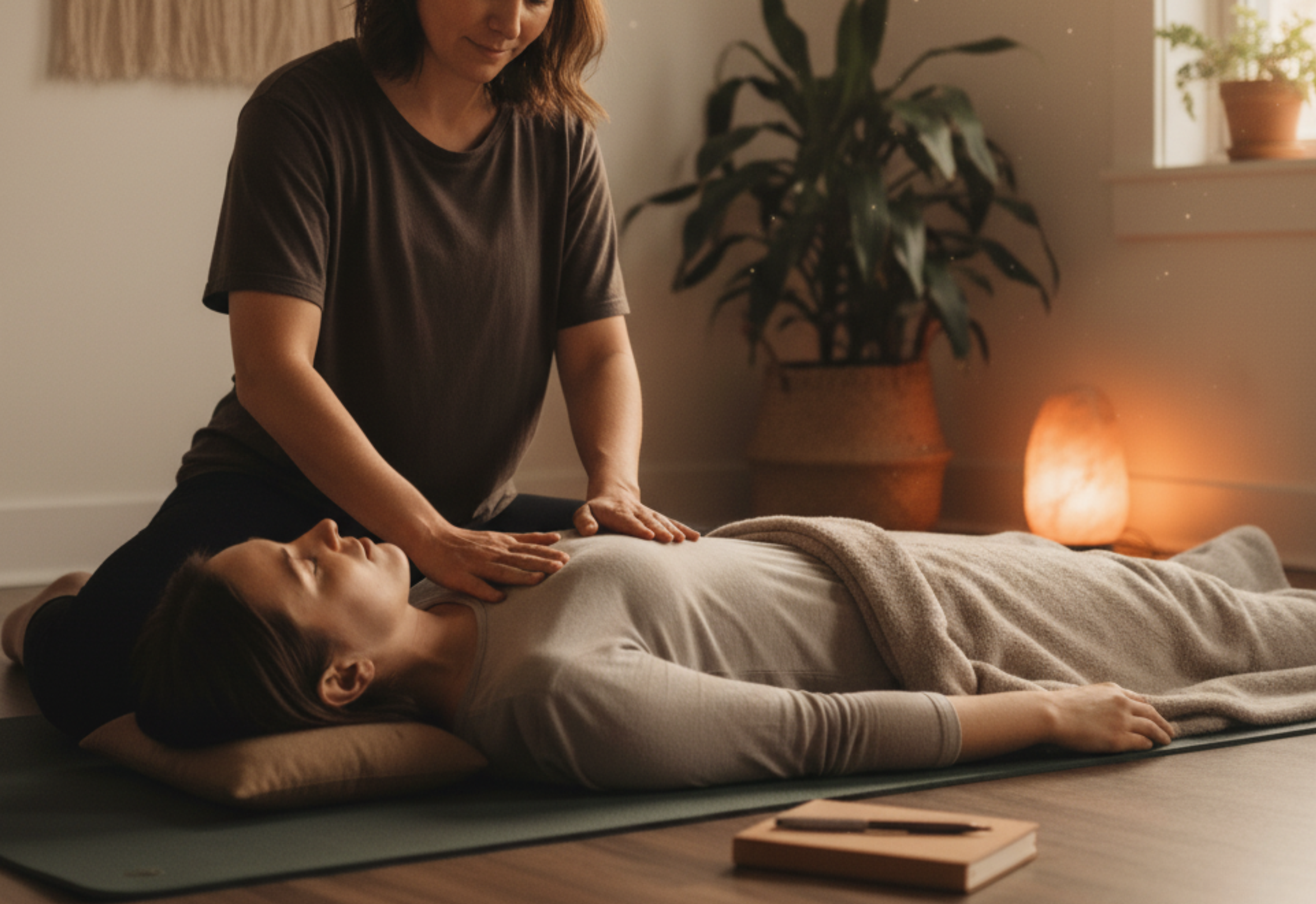 A woman gives a gentle massage on a woman's chest during a relaxing massage session in a cozy room with warm lighting, a large potted plant, and a Himalayan salt lamp.