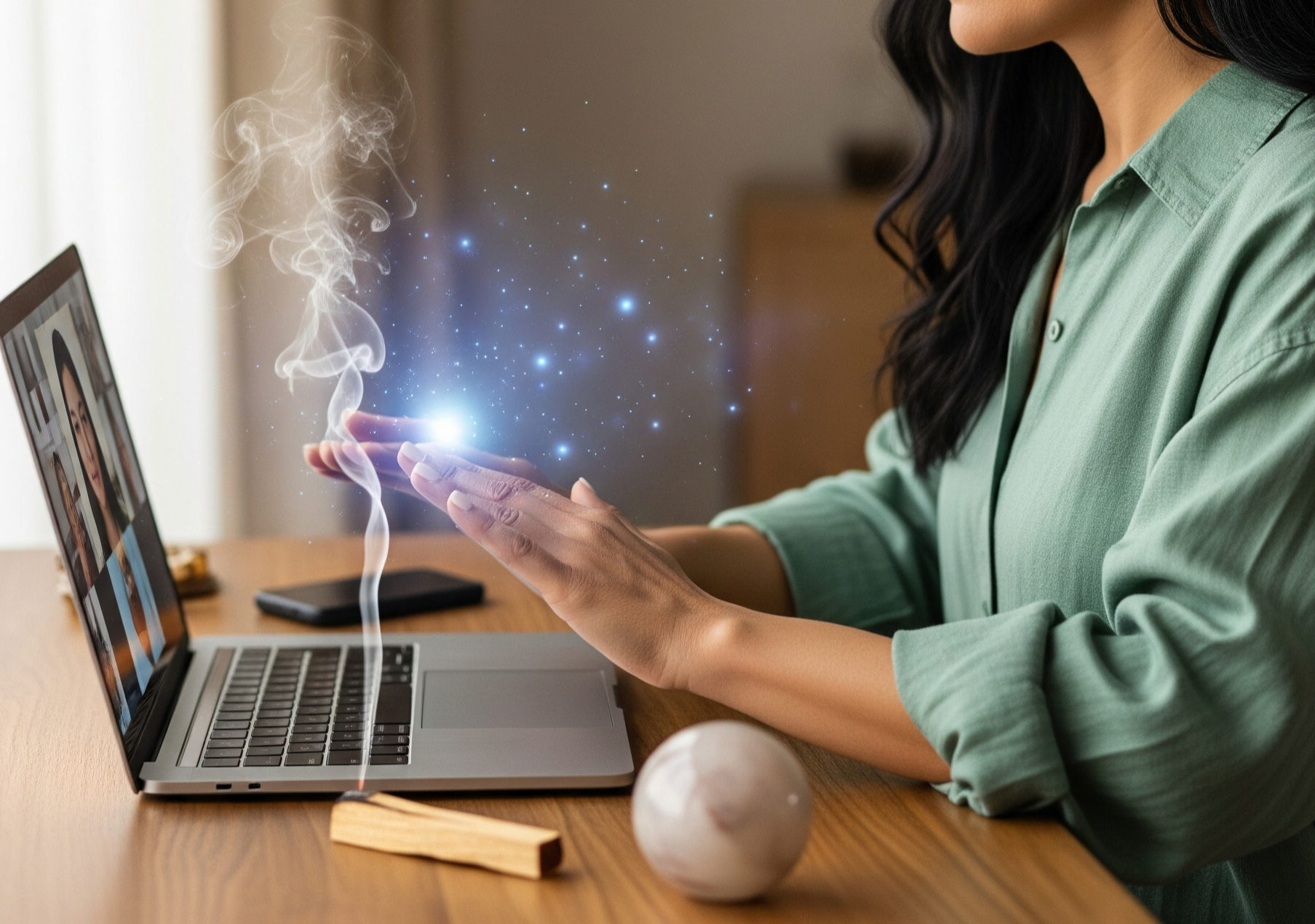 A woman in a green shirt using a smartphone with a holographic projection of a magic wand, sparkles, and smoke coming from the phone above a laptop, on a wooden table.