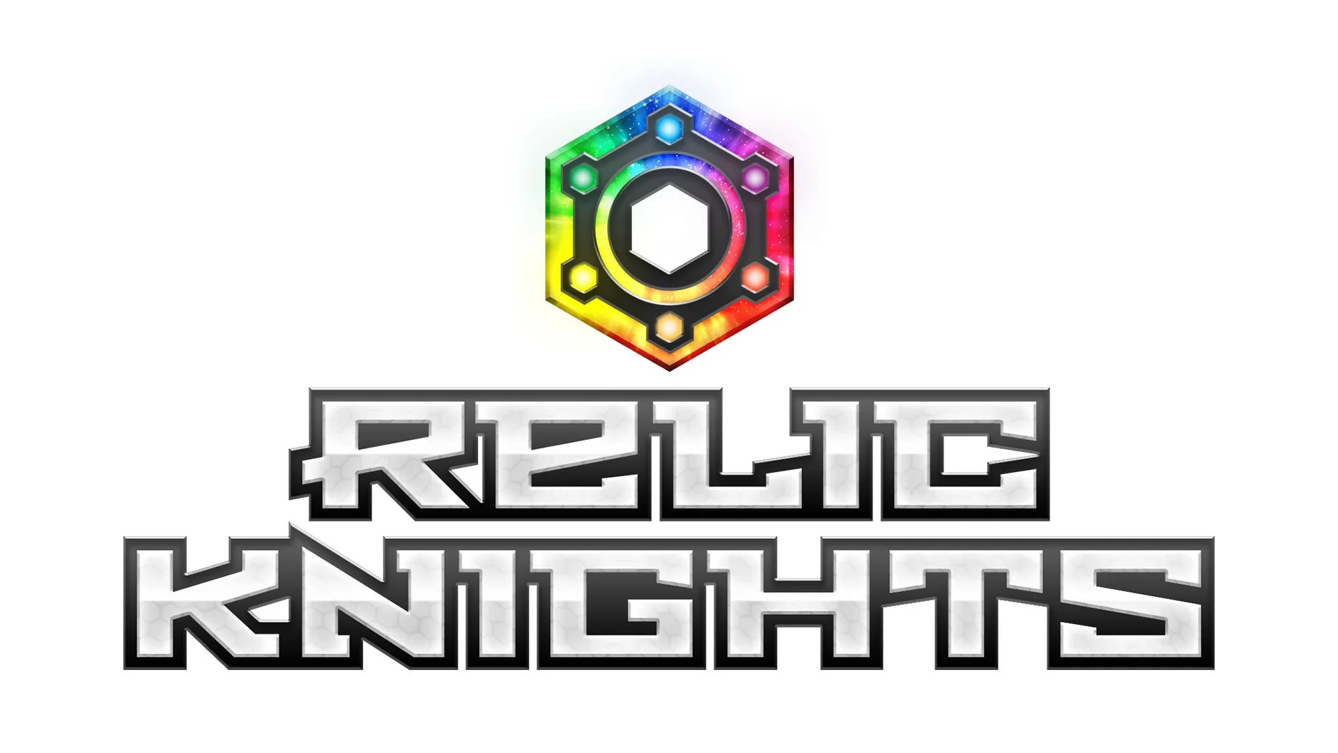 Logo for 'Relic Knights' featuring a black shield with a hexagon in the center, surrounded by a colorful, rainbow spectrum, and stylized block letters spelling 'RELIC KNIGHTS' beneath.